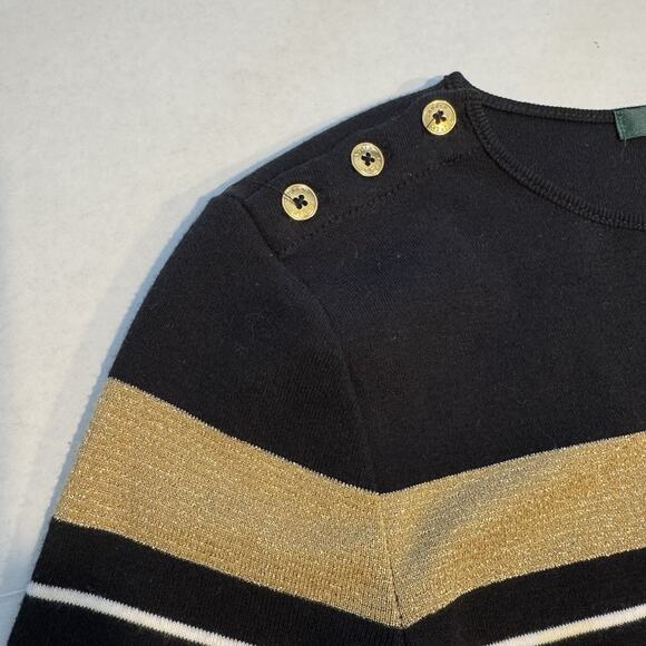 Lauren Ralph Lauren Med Black Gold Stripe Sweater Dress Nautical Button Shoulder - Picture 3 of 9